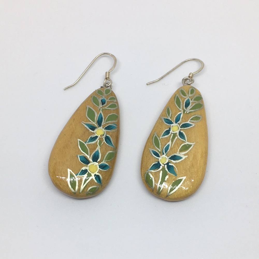 Hand Painted Walnut Wood Sterling Silver Teardrop Earrings Teal & Yellow Floral